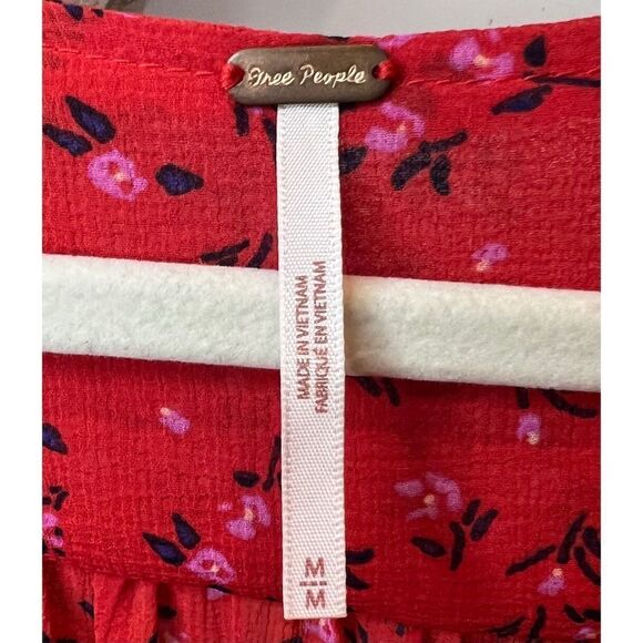Free People Lolita Top Red Women's Keyhole Floral Pouf Square Neck Blouse Sz M - Picture 11 of 13